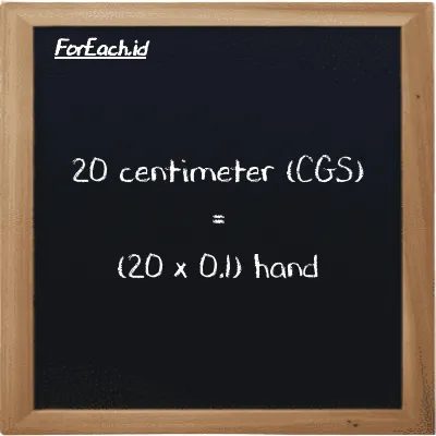How to convert centimeter to hand: 20 centimeter (cm) is equivalent to 20 times 0.1 hand (h)