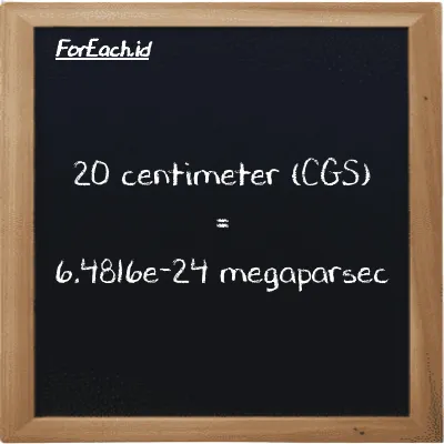 20 centimeter is equivalent to 6.4816e-24 megaparsec (20 cm is equivalent to 6.4816e-24 Mpc)