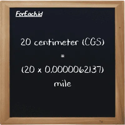 How to convert centimeter to mile: 20 centimeter (cm) is equivalent to 20 times 0.0000062137 mile (mi)