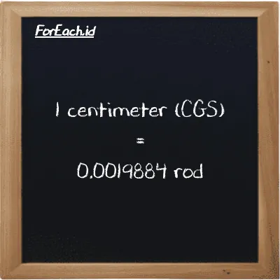 1 centimeter is equivalent to 0.0019884 rod (1 cm is equivalent to 0.0019884 rd)