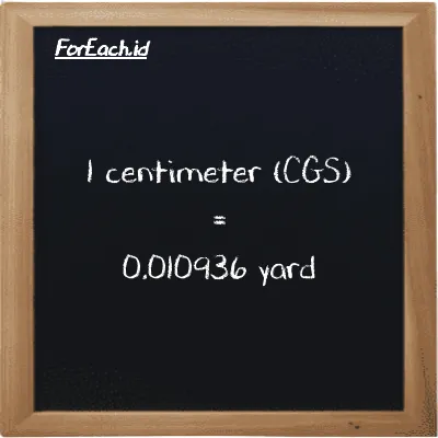 1 centimeter is equivalent to 0.010936 yard (1 cm is equivalent to 0.010936 yd)
