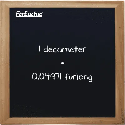 1 decameter is equivalent to 0.04971 furlong (1 dam is equivalent to 0.04971 fur)