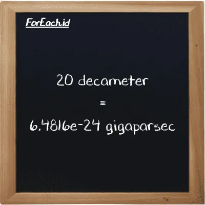 20 decameter is equivalent to 6.4816e-24 gigaparsec (20 dam is equivalent to 6.4816e-24 Gpc)