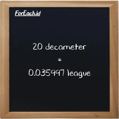 20 decameter is equivalent to 0.035997 league (20 dam is equivalent to 0.035997 lg)