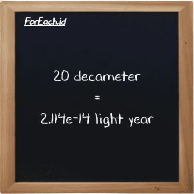 20 decameter is equivalent to 2.114e-14 light year (20 dam is equivalent to 2.114e-14 ly)