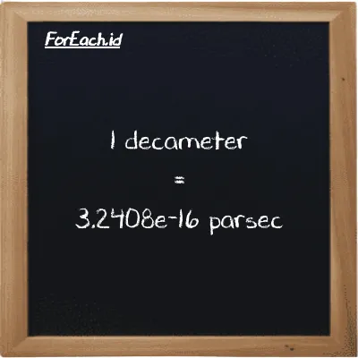 1 decameter is equivalent to 3.2408e-16 parsec (1 dam is equivalent to 3.2408e-16 pc)