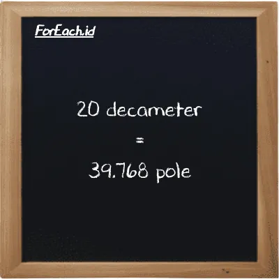 20 decameter is equivalent to 39.768 pole (20 dam is equivalent to 39.768 pl)