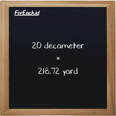 20 decameter is equivalent to 218.72 yard (20 dam is equivalent to 218.72 yd)