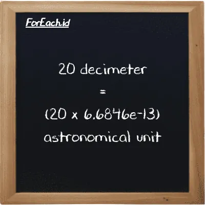 How to convert decimeter to astronomical unit: 20 decimeter (dm) is equivalent to 20 times 6.6846e-13 astronomical unit (au)