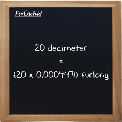 How to convert decimeter to furlong: 20 decimeter (dm) is equivalent to 20 times 0.0004971 furlong (fur)