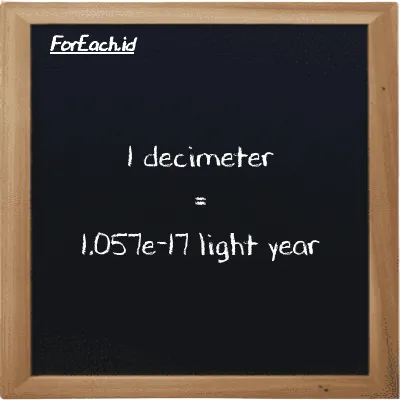 1 decimeter is equivalent to 1.057e-17 light year (1 dm is equivalent to 1.057e-17 ly)