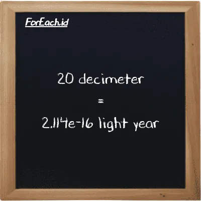 20 decimeter is equivalent to 2.114e-16 light year (20 dm is equivalent to 2.114e-16 ly)