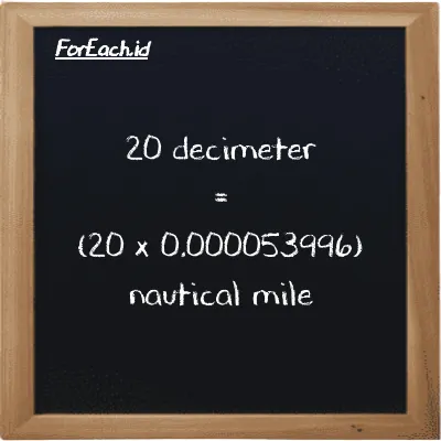 How to convert decimeter to nautical mile: 20 decimeter (dm) is equivalent to 20 times 0.000053996 nautical mile (nmi)