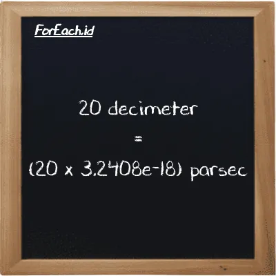 How to convert decimeter to parsec: 20 decimeter (dm) is equivalent to 20 times 3.2408e-18 parsec (pc)