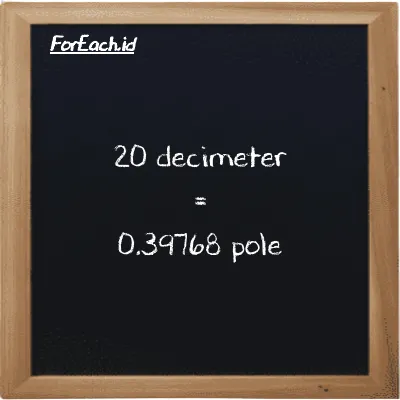 20 decimeter is equivalent to 0.39768 pole (20 dm is equivalent to 0.39768 pl)
