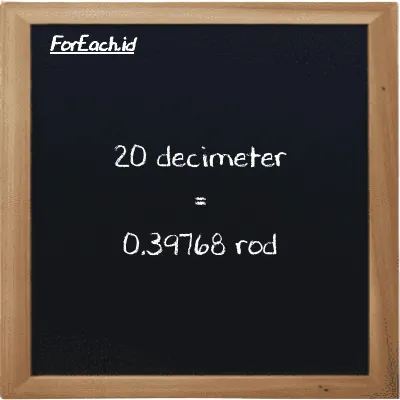 20 decimeter is equivalent to 0.39768 rod (20 dm is equivalent to 0.39768 rd)