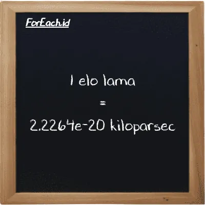 1 elo lama is equivalent to 2.2264e-20 kiloparsec (1 el la is equivalent to 2.2264e-20 kpc)