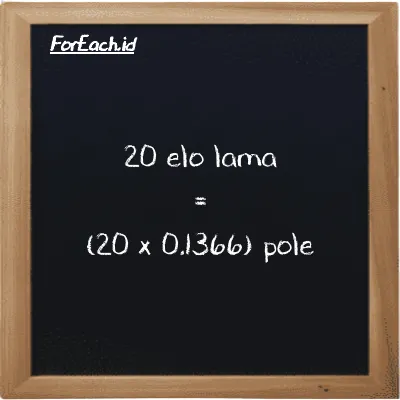 How to convert elo lama to pole: 20 elo lama (el la) is equivalent to 20 times 0.1366 pole (pl)