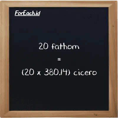 How to convert fathom to cicero: 20 fathom (ft) is equivalent to 20 times 380.14 cicero (ccr)