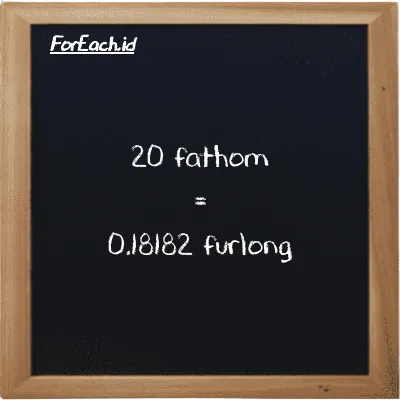 20 fathom is equivalent to 0.18182 furlong (20 ft is equivalent to 0.18182 fur)