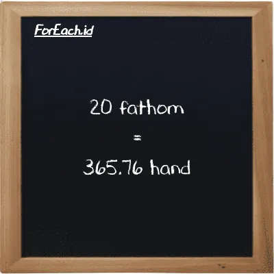 20 fathom is equivalent to 365.76 hand (20 ft is equivalent to 365.76 h)