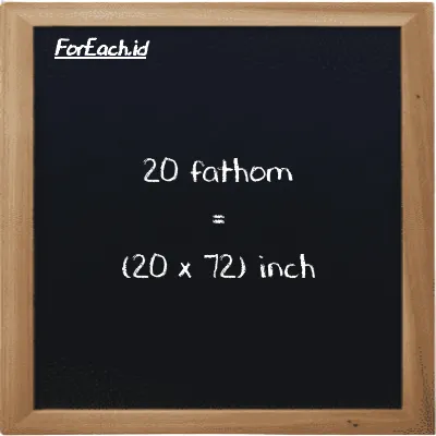 How to convert fathom to inch: 20 fathom (ft) is equivalent to 20 times 72 inch (in)