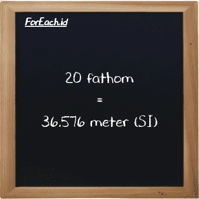 20 fathom is equivalent to 36.576 meter (20 ft is equivalent to 36.576 m)