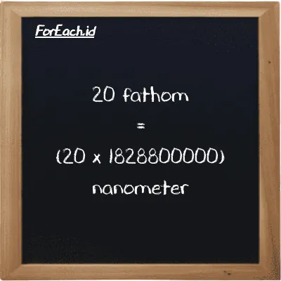 How to convert fathom to nanometer: 20 fathom (ft) is equivalent to 20 times 1828800000 nanometer (nm)