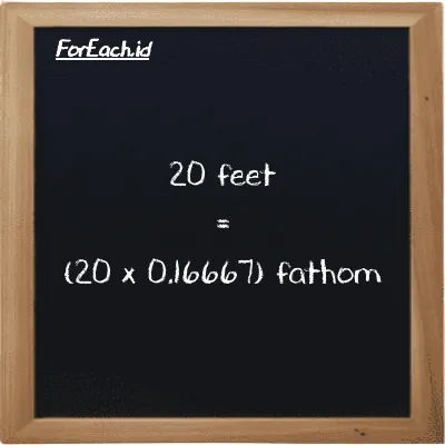 How to convert feet to fathom: 20 feet (ft) is equivalent to 20 times 0.16667 fathom (ft)
