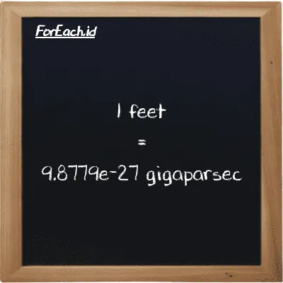 1 feet is equivalent to 9.8779e-27 gigaparsec (1 ft is equivalent to 9.8779e-27 Gpc)