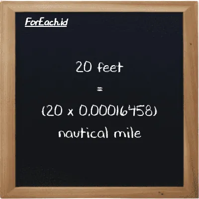 How to convert feet to nautical mile: 20 feet (ft) is equivalent to 20 times 0.00016458 nautical mile (nmi)