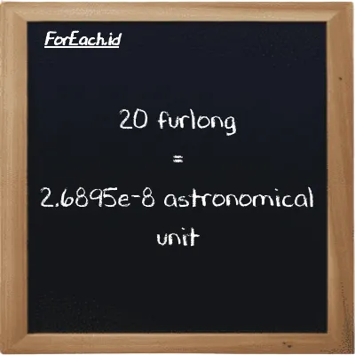 20 furlong is equivalent to 2.6895e-8 astronomical unit (20 fur is equivalent to 2.6895e-8 au)