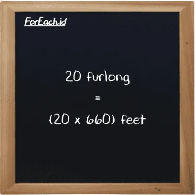 How to convert furlong to feet: 20 furlong (fur) is equivalent to 20 times 660 feet (ft)