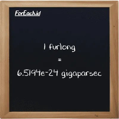 1 furlong is equivalent to 6.5194e-24 gigaparsec (1 fur is equivalent to 6.5194e-24 Gpc)