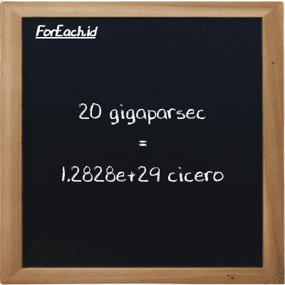 20 gigaparsec is equivalent to 1.2828e+29 cicero (20 Gpc is equivalent to 1.2828e+29 ccr)