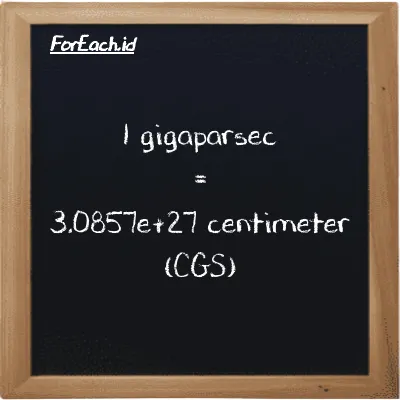 1 gigaparsec is equivalent to 3.0857e+27 centimeter (1 Gpc is equivalent to 3.0857e+27 cm)