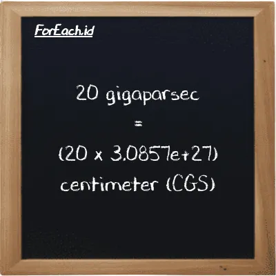 How to convert gigaparsec to centimeter: 20 gigaparsec (Gpc) is equivalent to 20 times 3.0857e+27 centimeter (cm)