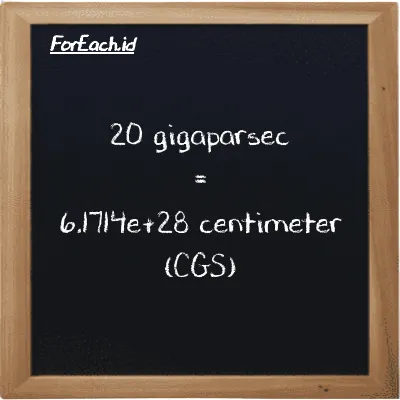 20 gigaparsec is equivalent to 6.1714e+28 centimeter (20 Gpc is equivalent to 6.1714e+28 cm)