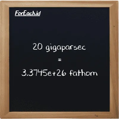 20 gigaparsec is equivalent to 3.3745e+26 fathom (20 Gpc is equivalent to 3.3745e+26 ft)