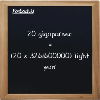 How to convert gigaparsec to light year: 20 gigaparsec (Gpc) is equivalent to 20 times 3261600000 light year (ly)