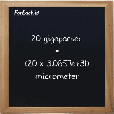 How to convert gigaparsec to micrometer: 20 gigaparsec (Gpc) is equivalent to 20 times 3.0857e+31 micrometer (µm)