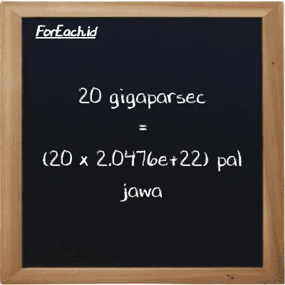 How to convert gigaparsec to pal jawa: 20 gigaparsec (Gpc) is equivalent to 20 times 2.0476e+22 pal jawa (pj)