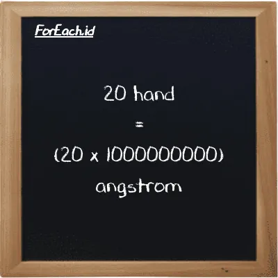 How to convert hand to angstrom: 20 hand (h) is equivalent to 20 times 1000000000 angstrom (Å)