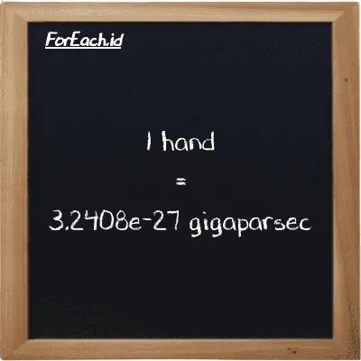 1 hand is equivalent to 3.2408e-27 gigaparsec (1 h is equivalent to 3.2408e-27 Gpc)