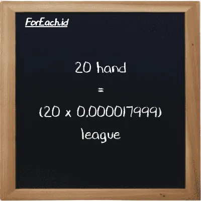 How to convert hand to league: 20 hand (h) is equivalent to 20 times 0.000017999 league (lg)