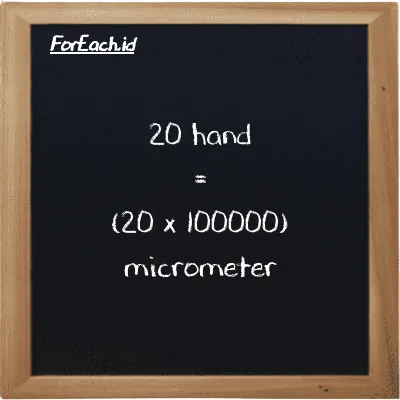 How to convert hand to micrometer: 20 hand (h) is equivalent to 20 times 100000 micrometer (µm)