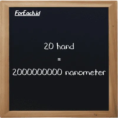 20 hand is equivalent to 2000000000 nanometer (20 h is equivalent to 2000000000 nm)