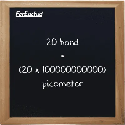How to convert hand to picometer: 20 hand (h) is equivalent to 20 times 100000000000 picometer (pm)