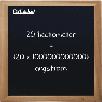 How to convert hectometer to angstrom: 20 hectometer (hm) is equivalent to 20 times 1000000000000 angstrom (Å)
