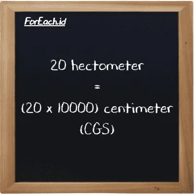 How to convert hectometer to centimeter: 20 hectometer (hm) is equivalent to 20 times 10000 centimeter (cm)